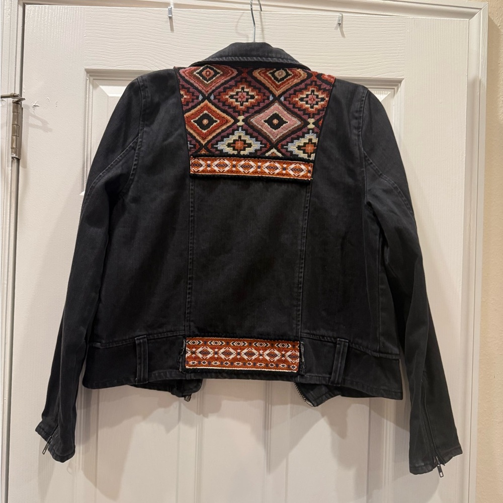 Black Denim Jacket with Embroidered Aztec Back Panels